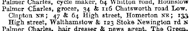 1901, Charles Palmer's store addresses in the vicinity of Chatsworth, where William Squires may have worked.